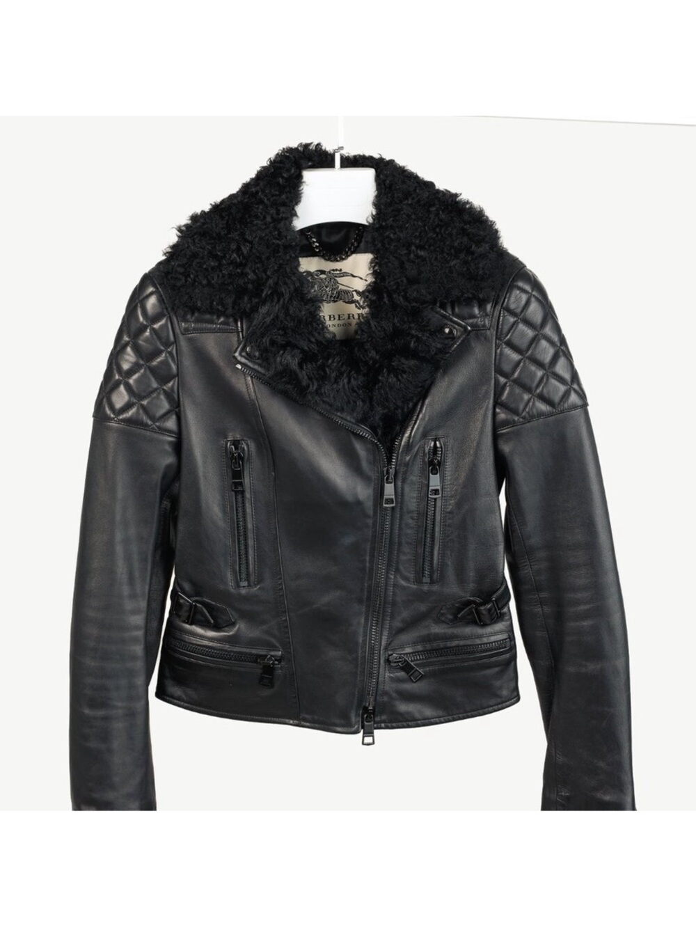 Burberry Black Quilted Leather Shearling Collar Jacket. REAL LEATHER! With COA!